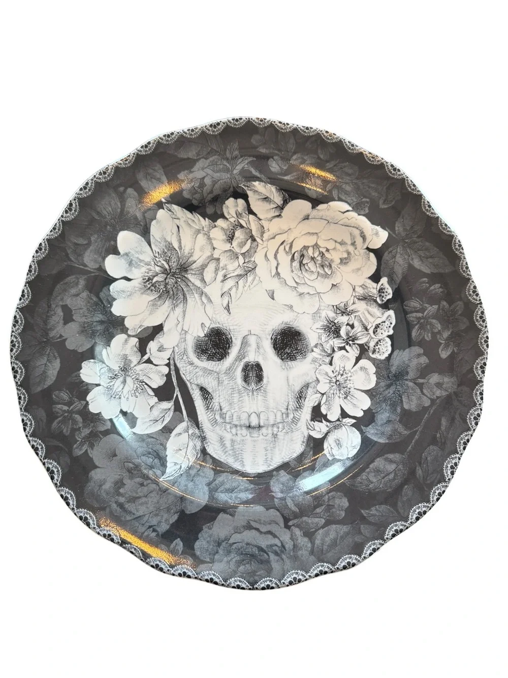 222 Fifth Marbella Skull Dinner Plates Set of 3 Gothic Floral Halloween 10.5”
